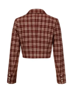 Discount Retro Stage 1960s Plaid Lapel Short Coat Red