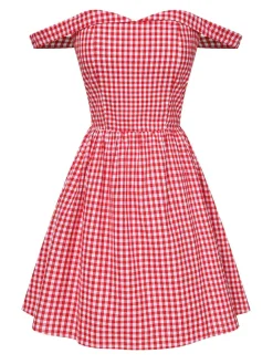 Best Retro Stage 1950s Plaid Off-Shoulder Swing Dress Red