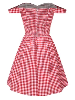 Best Retro Stage 1950s Plaid Off-Shoulder Swing Dress Red