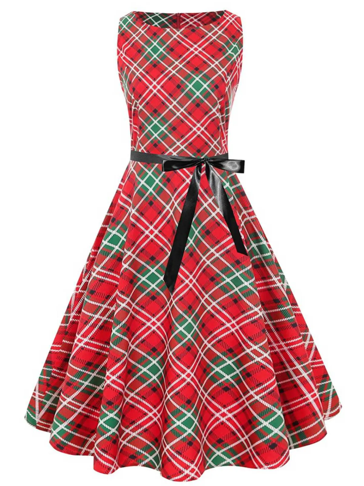 Sale Retro Stage 1950s Plaid Sleeveless Dress Red