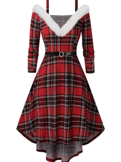 New Retro Stage 1950s Plaid Strap Furry Swing Dress Red