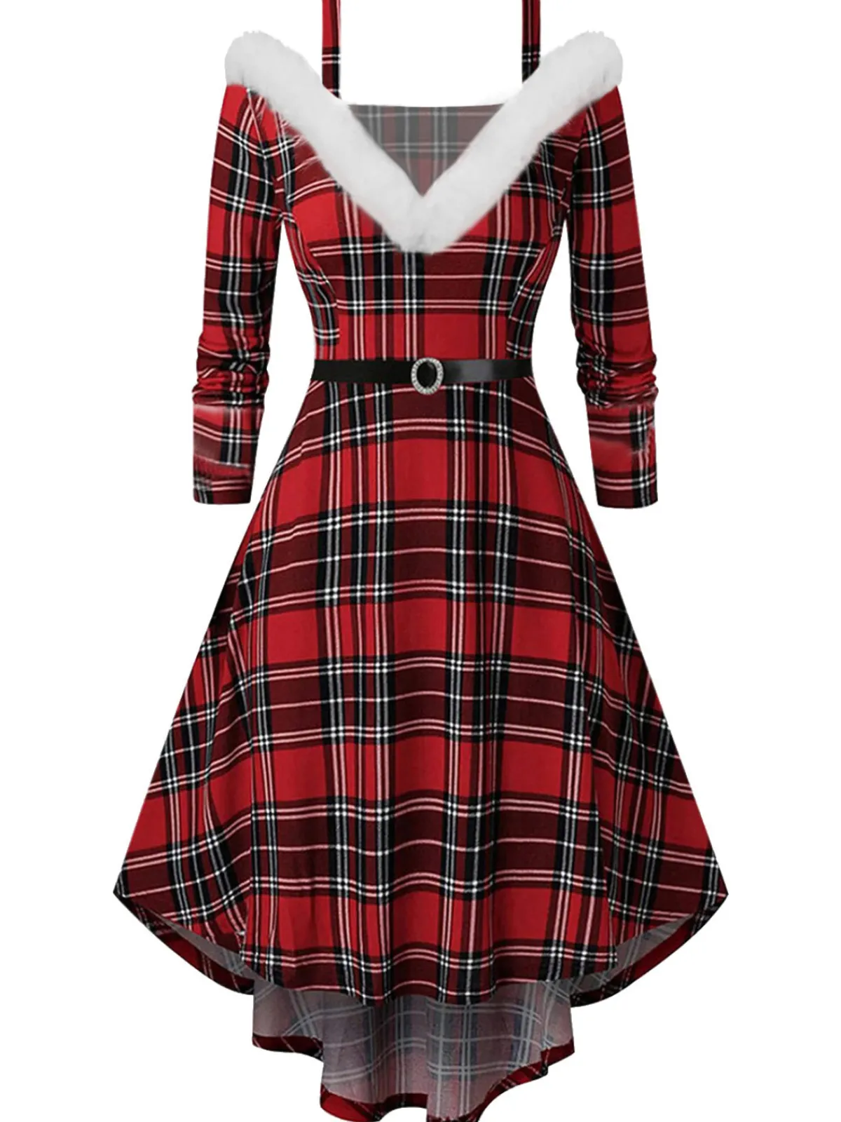 New Retro Stage 1950s Plaid Strap Furry Swing Dress Red