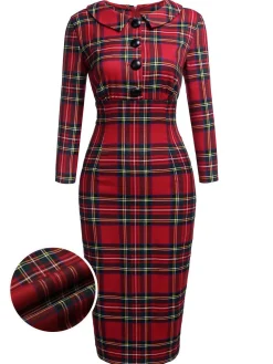 Clearance Retro Stage 1960s Plaids Bodycon Dress Red