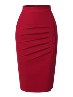 Clearance Retro Stage 1940s Pleated Button Pencil Skirt Red