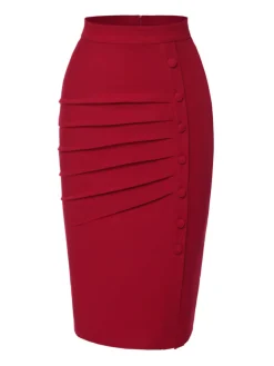Clearance Retro Stage 1940s Pleated Button Pencil Skirt Red