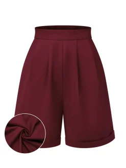 Fashion Retro Stage 1950s Pleated Turn Over Shorts Red
