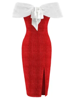 Fashion Retro Stage 1960s Plush Bow Pencil Dress With Cape Red