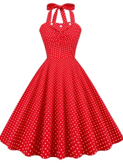 Clearance Retro Stage 1950s Polka Dot Halter Swing Dress Red