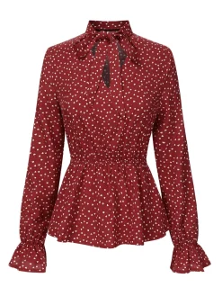 New Retro Stage 1940s Polka Dot Lace-Up Chiffon Blouse Red