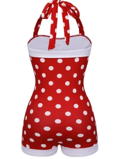 Hot Retro Stage 1950s Polka Dot Patchwork Halter Swimsuit Red