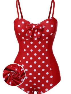 Clearance Retro Stage 1950s Polka Dot Patchwork Strap Swimsuit Red