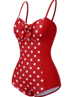 Clearance Retro Stage 1950s Polka Dot Patchwork Strap Swimsuit Red