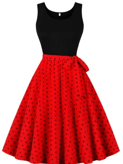 Outlet Retro Stage 1950s Polka Dot Patchwork Belt Dress Red