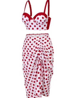 Online Retro Stage 1950s Polka Dot Pleated Swimsuit Red