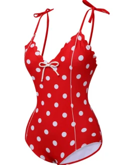 Fashion Retro Stage 1950s Polka Dot Shoulder Tie Swimsuit Red