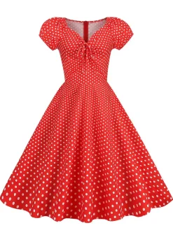 New Retro Stage 1950s Polka Dot Sweetheart Neck Bow Dress Red