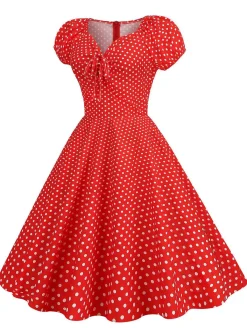 New Retro Stage 1950s Polka Dot Sweetheart Neck Bow Dress Red