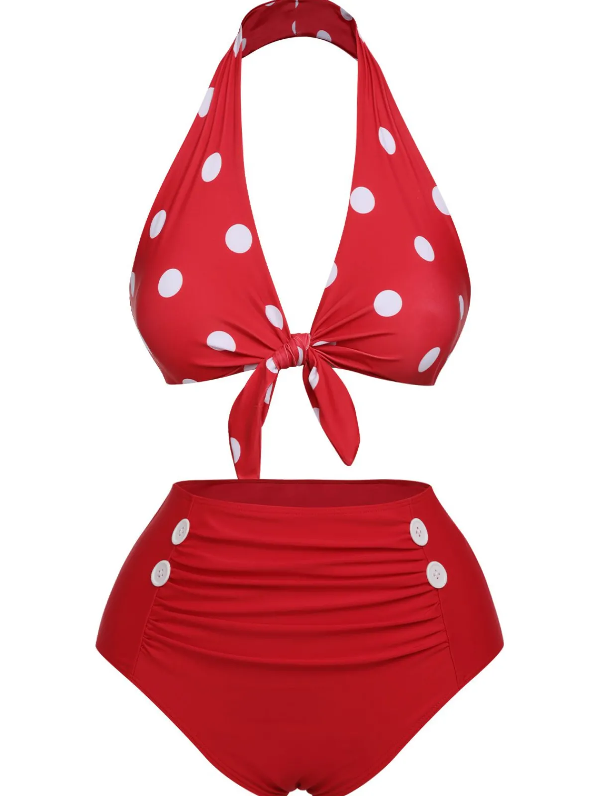 Hot Retro Stage 1950s Polka Dot Tie Halter Swimsuit Red