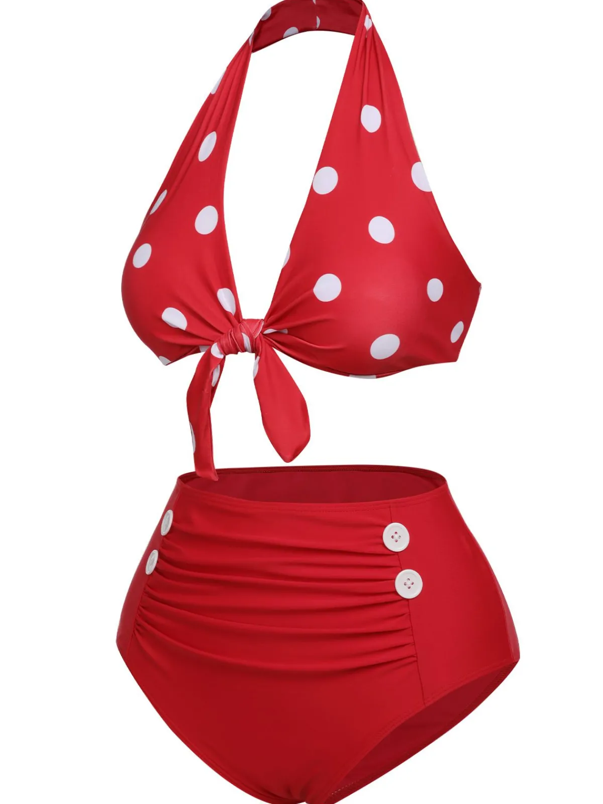 Hot Retro Stage 1950s Polka Dot Tie Halter Swimsuit Red