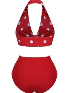 Hot Retro Stage 1950s Polka Dot Tie Halter Swimsuit Red