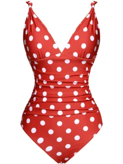Online Retro Stage 1930s Polka Dot V-Neck Swimsuit Red