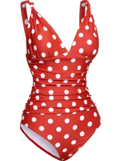 Online Retro Stage 1930s Polka Dot V-Neck Swimsuit Red