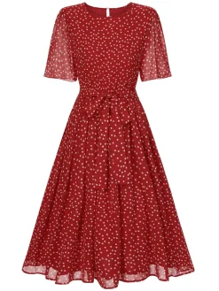 New Retro Stage 1940s Polka Dots Chiffon Belted Dress Red