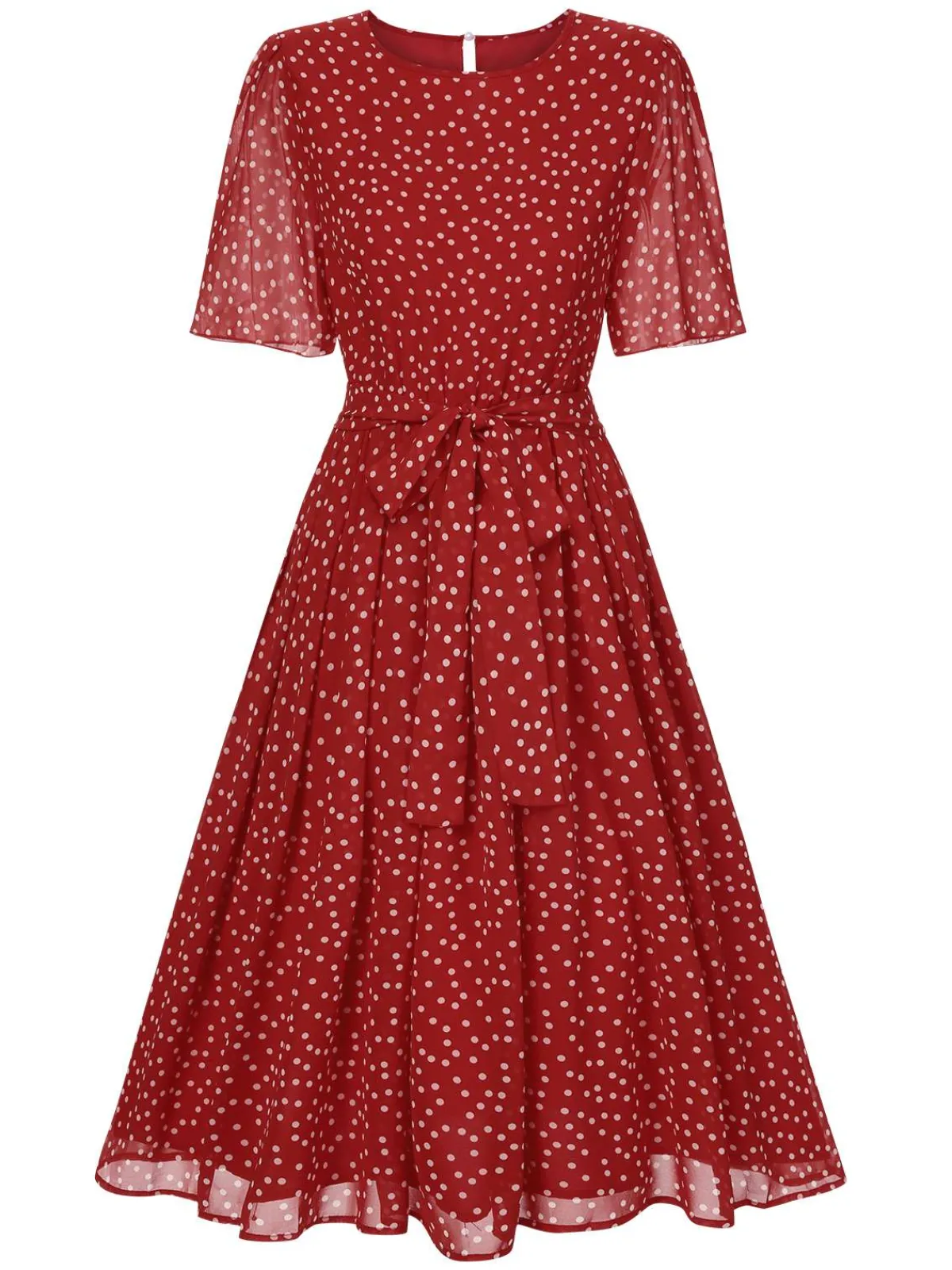 New Retro Stage 1940s Polka Dots Chiffon Belted Dress Red