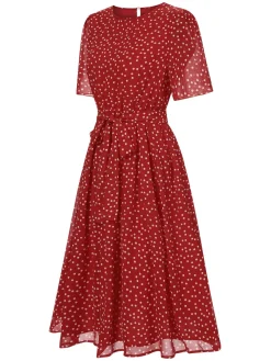 New Retro Stage 1940s Polka Dots Chiffon Belted Dress Red