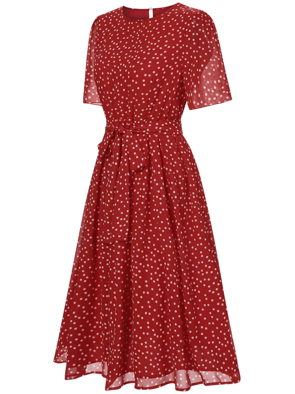 New Retro Stage 1940s Polka Dots Chiffon Belted Dress Red