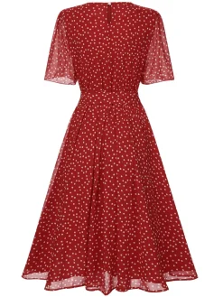New Retro Stage 1940s Polka Dots Chiffon Belted Dress Red