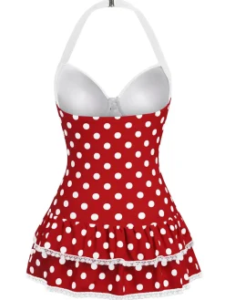 Best Retro Stage 1940s Polka Dots Halter One-Piece Swimsuit Red