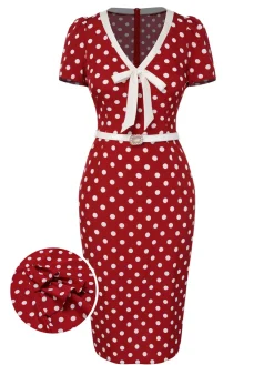 Sale Retro Stage 1960s Polka Dots Tie Neck Dress Red