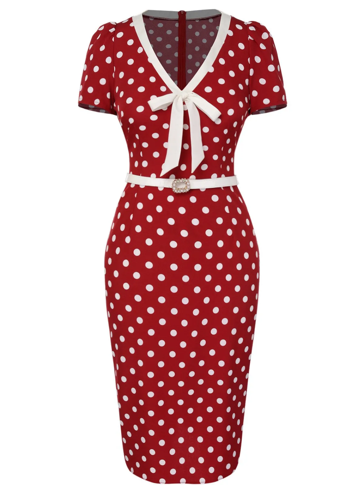 Sale Retro Stage 1960s Polka Dots Tie Neck Dress Red