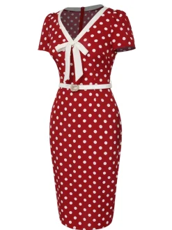 Sale Retro Stage 1960s Polka Dots Tie Neck Dress Red