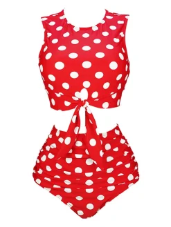 Best Retro Stage 1970s Polka Dots Waist Tie Swimsuit Red