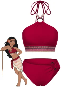 Fashion Retro Stage Red 1970s Princess Style Beading Halter Bikini Set Deep Red