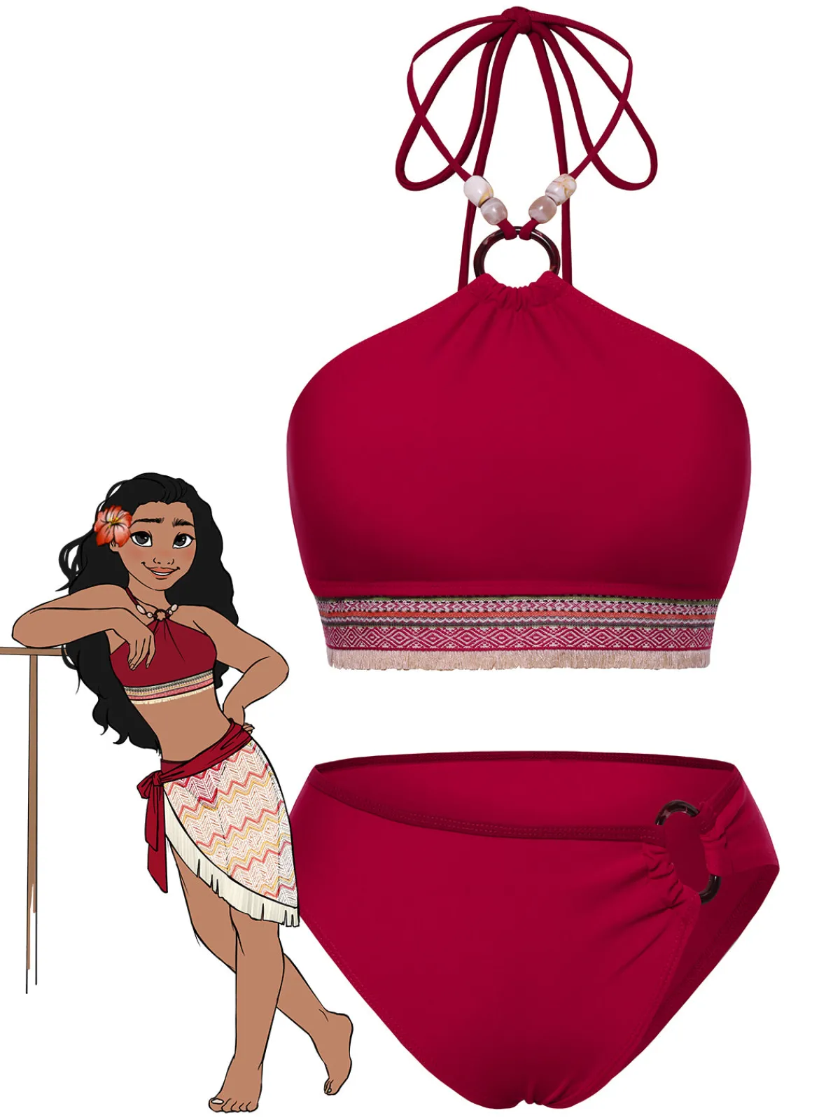 Fashion Retro Stage Red 1970s Princess Style Beading Halter Bikini Set Deep Red