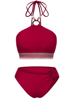 Fashion Retro Stage Red 1970s Princess Style Beading Halter Bikini Set Deep Red