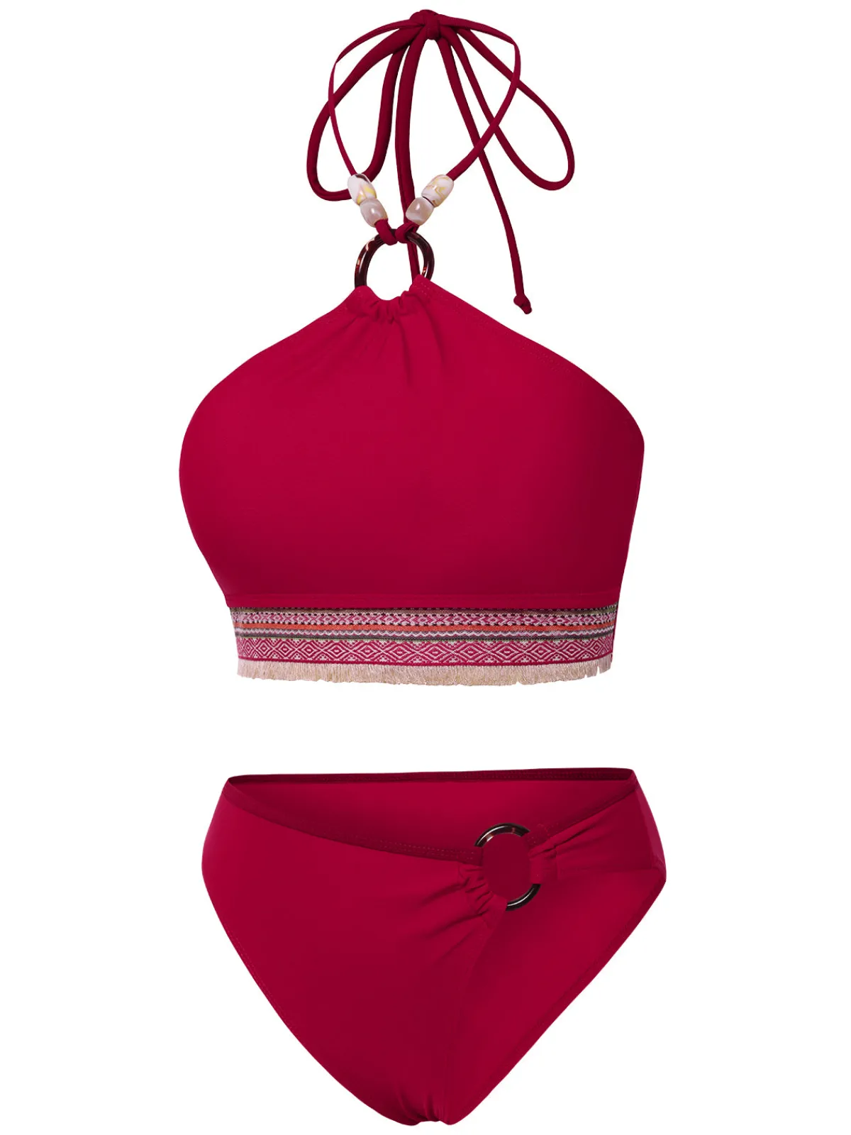 Fashion Retro Stage Red 1970s Princess Style Beading Halter Bikini Set Deep Red