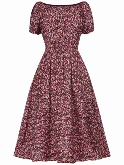 Outlet Retro Stage 1940s Puff Sleeves Ditsy Floral Dress Red