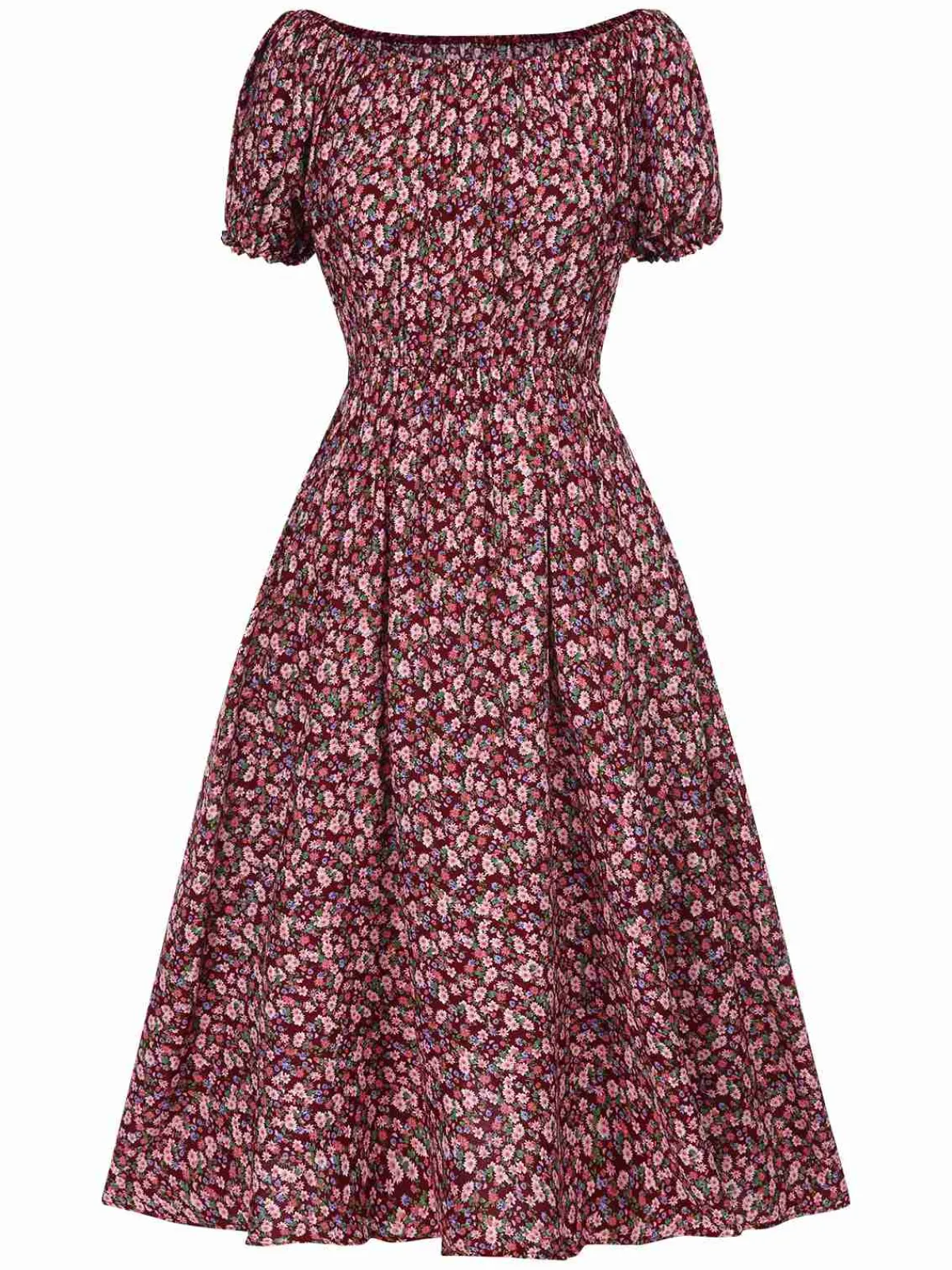 Outlet Retro Stage 1940s Puff Sleeves Ditsy Floral Dress Red