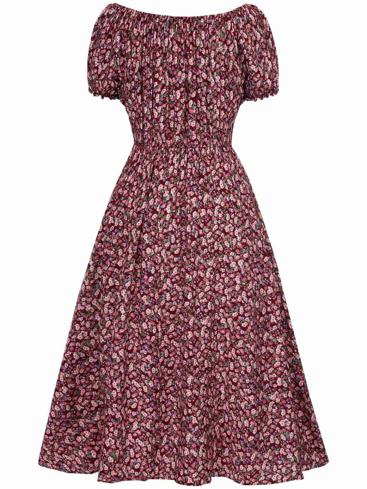 Outlet Retro Stage 1940s Puff Sleeves Ditsy Floral Dress Red