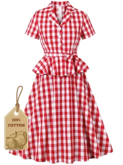 Fashion Retro Stage 1950s Pure Cotton Gingham Plaids Belted Dress Red