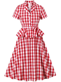 Fashion Retro Stage 1950s Pure Cotton Gingham Plaids Belted Dress Red