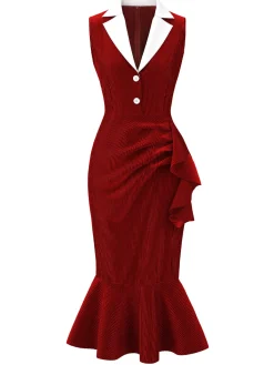 Hot Retro Stage Red 1930s Reflective Corduroy Fishtail Dress Deep Red