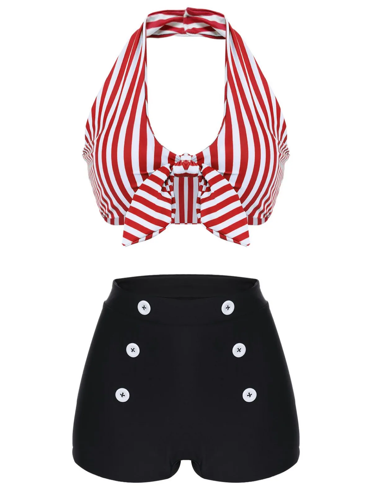 Discount Retro Stage Red 1950s Retro Halter Stripes Bikini Set