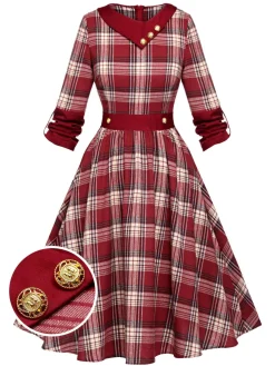 Best Retro Stage 1950s Roll Up Scottish Plaid Dress Red