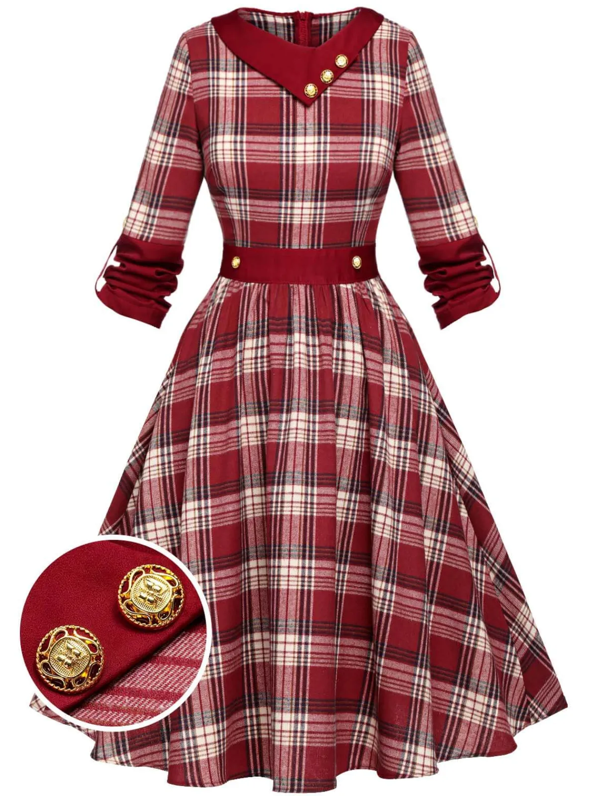 Best Retro Stage 1950s Roll Up Scottish Plaid Dress Red