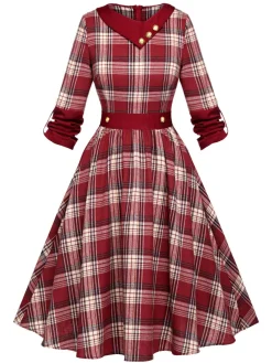 Best Retro Stage 1950s Roll Up Scottish Plaid Dress Red